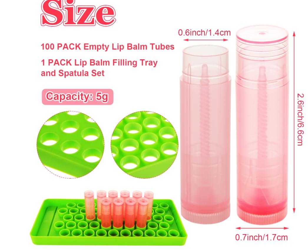 ACXFOND 100Pcs Lip Balm Tubes with Filling Tray and Spatula, 5ml (3/16 Oz) Empty Plastic Lip Gloss Balm Containers for DIY Homemade Lipsticks, Chapsticks and Homemade Solid Perfume