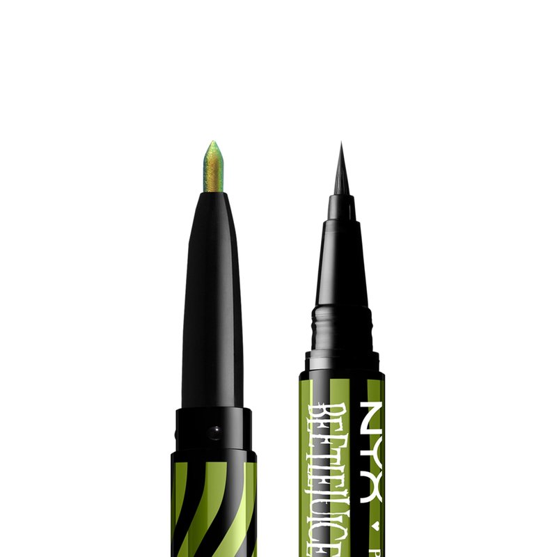 NYX PROFESSIONAL MAKEUP BEETLEJUICE Pinstripe Duo Eye Liner, Dual-Ended Black Liquid Eyeliner + Green Chrome Eyeliner
