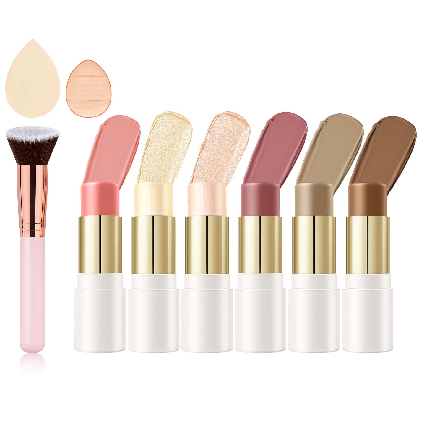 6 Pcs Cream Contour Stick Makeup Kit, Shades with Highlighter, Bronzer and Blush Sticks for Sculpt the Face All Skin Type, with Brush, Makeup Sponge, Buildable for Beginner Professional Set A