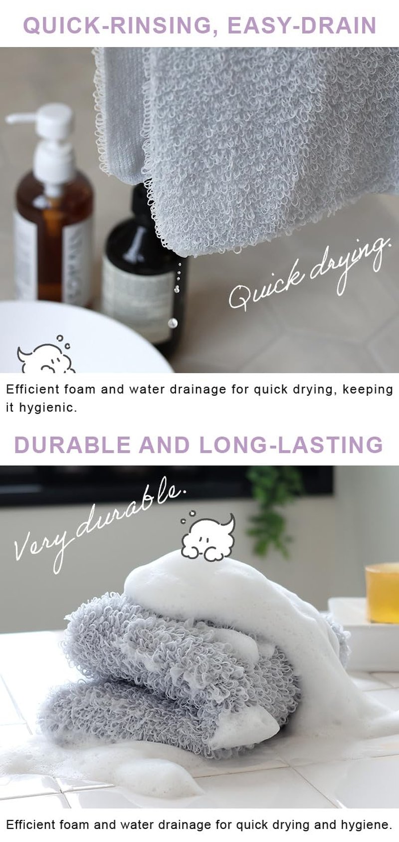 HIORIE Exfoliating Shower Towel, 2-Pack, Soft Washcloth for Rich, Luxurious Lather, White & Light Gray, Made in Japan