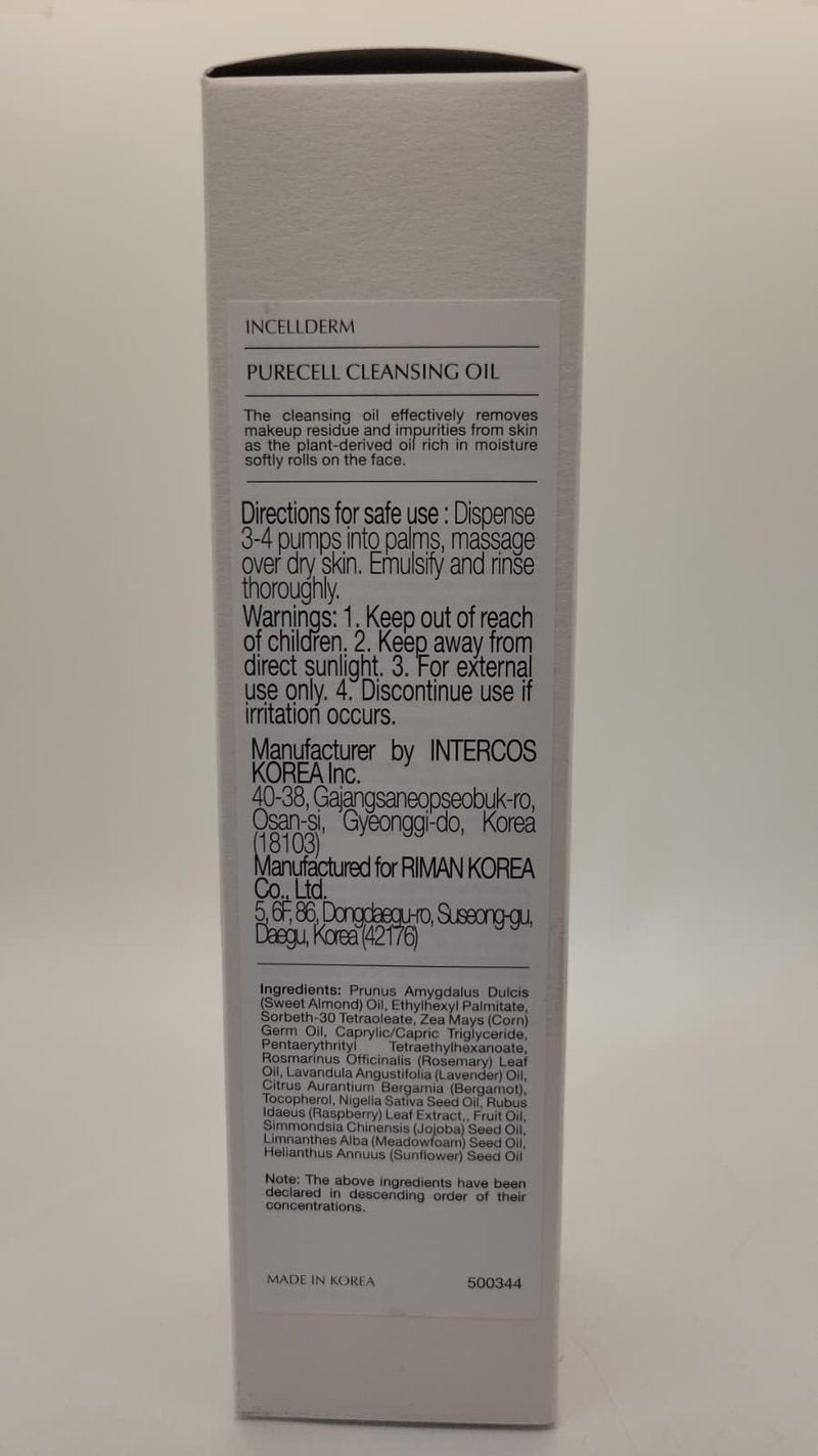 Riman Incellderm Purecell Cleansing Oil | 4.9 fl oz | Gentle Makeup Remover and Hydrating Cleanser | Suitable for Various Skin Types | Lightweight, Plant-Based Formula