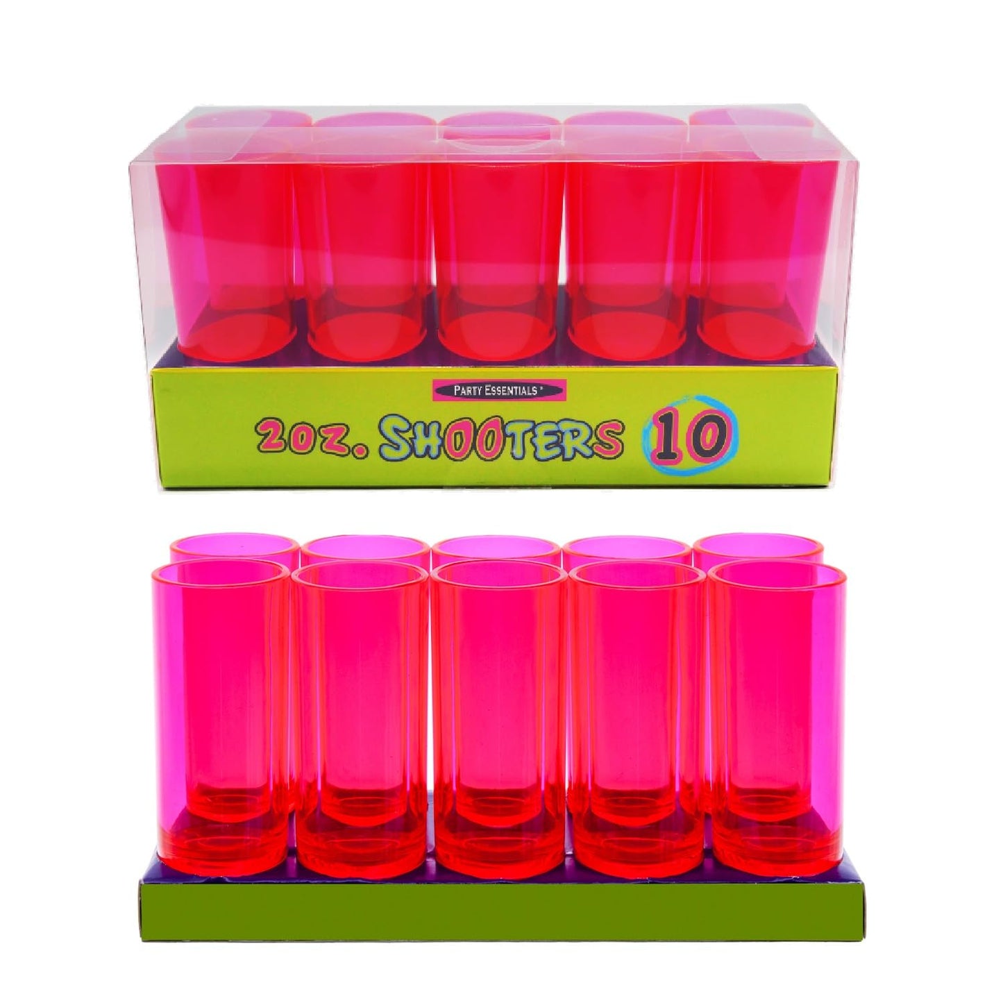 Party Essentials Hard Plastic 2-Ounce Shot/Shooter Glasses, Neon Pink, 10 Count