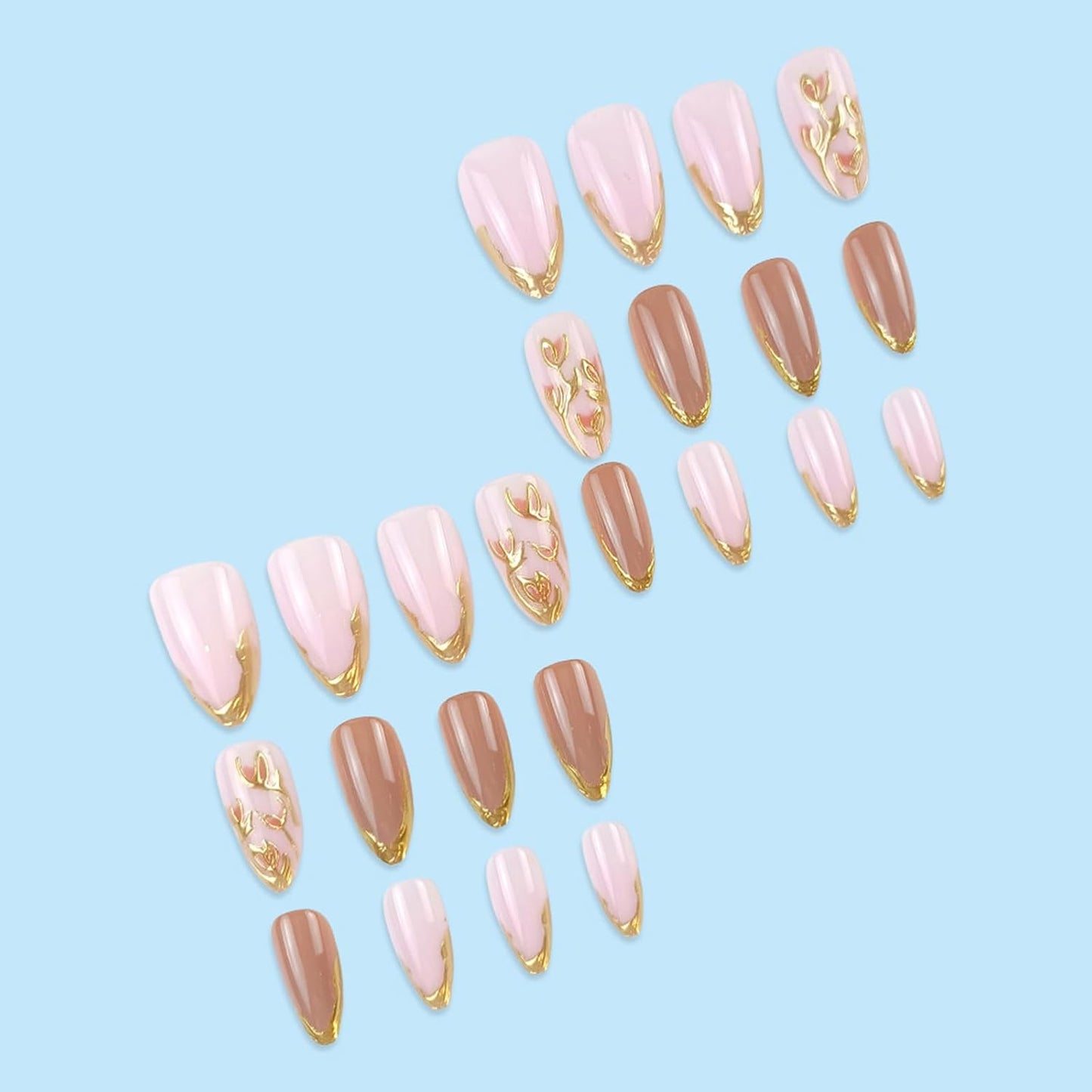 French Tip Almond Press-On Nails with Gold Bow | Reusable Glossy Acrylic False Nails for Women