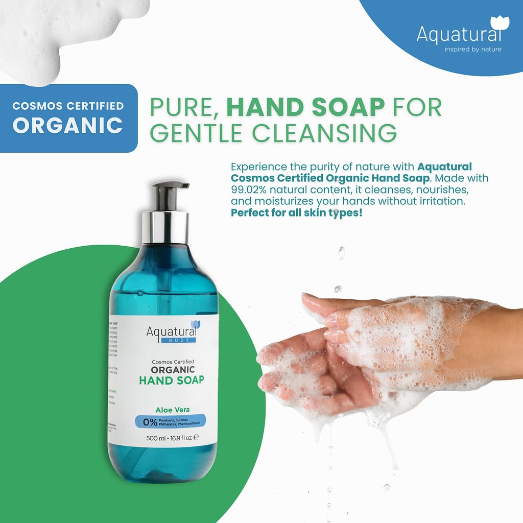 Aquatural Organic Hand Soap - Liquid Hand Soap with Aloe Vera - Plant Based, Cruelty-Free & Vegan - Moisturizing Wash - Paraben Free & Sulfate Free Natural Soap - Lavender Handsoap