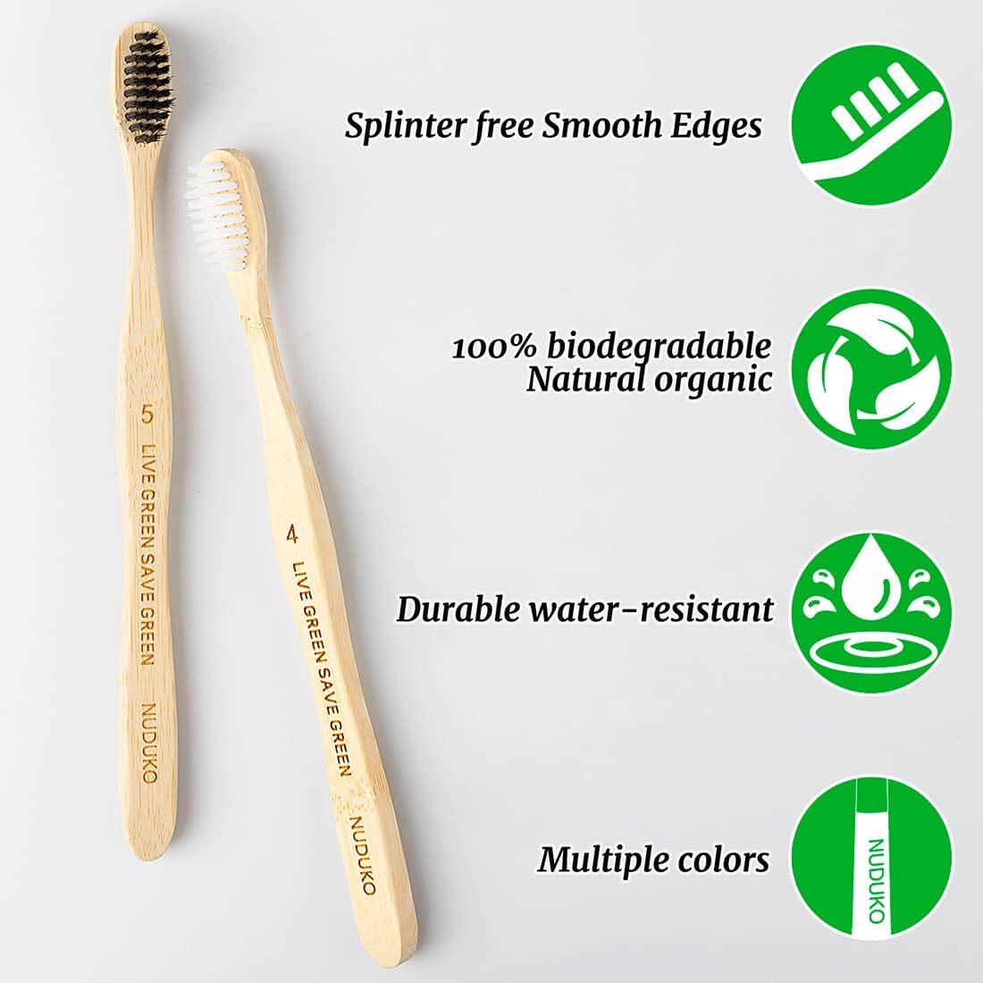Biodegradable Bamboo Toothbrushes, 10 Piece BPA Free Soft Bristles Toothbrushes, Natural, Eco-Friendly, Green and Compostable