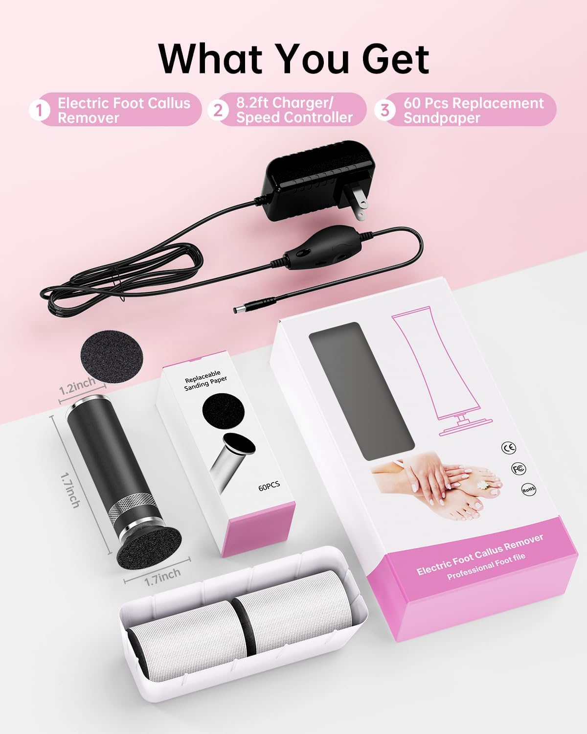 Electric Foot Callus Remover, Upgrade Electric Foot File Callus Remover for Feet, Adjustable Speed Foot File with 60 Pcs Sandpaper Discs, Foot Scrubber for Cracked, or Tough Skin and Calluses, Pink