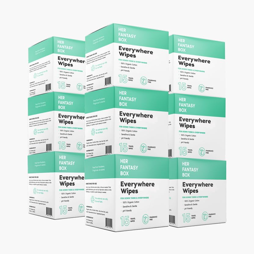 Her Fantasy Box | Everywhere Wipes – 100% Organic Cotton, Gentle & Refreshing, pH-Balanced, Fragrance-Free, Plant-Powered for Body, Face & Intimate Areas, Ideal for Sensitive Skin - 1 Pack, 15 Wipes