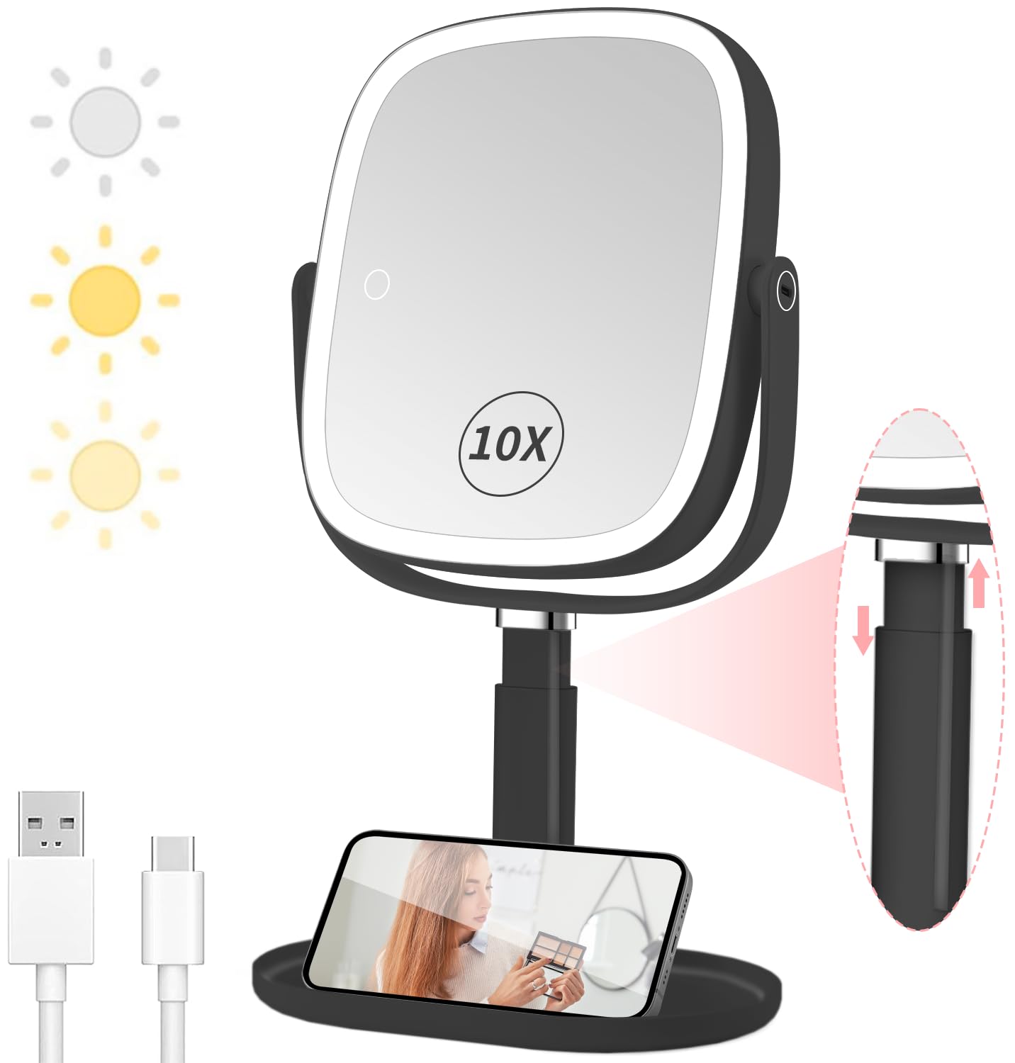 Vanmirr Height Adjustable Lighted Makeup Mirror with Magnification-Black