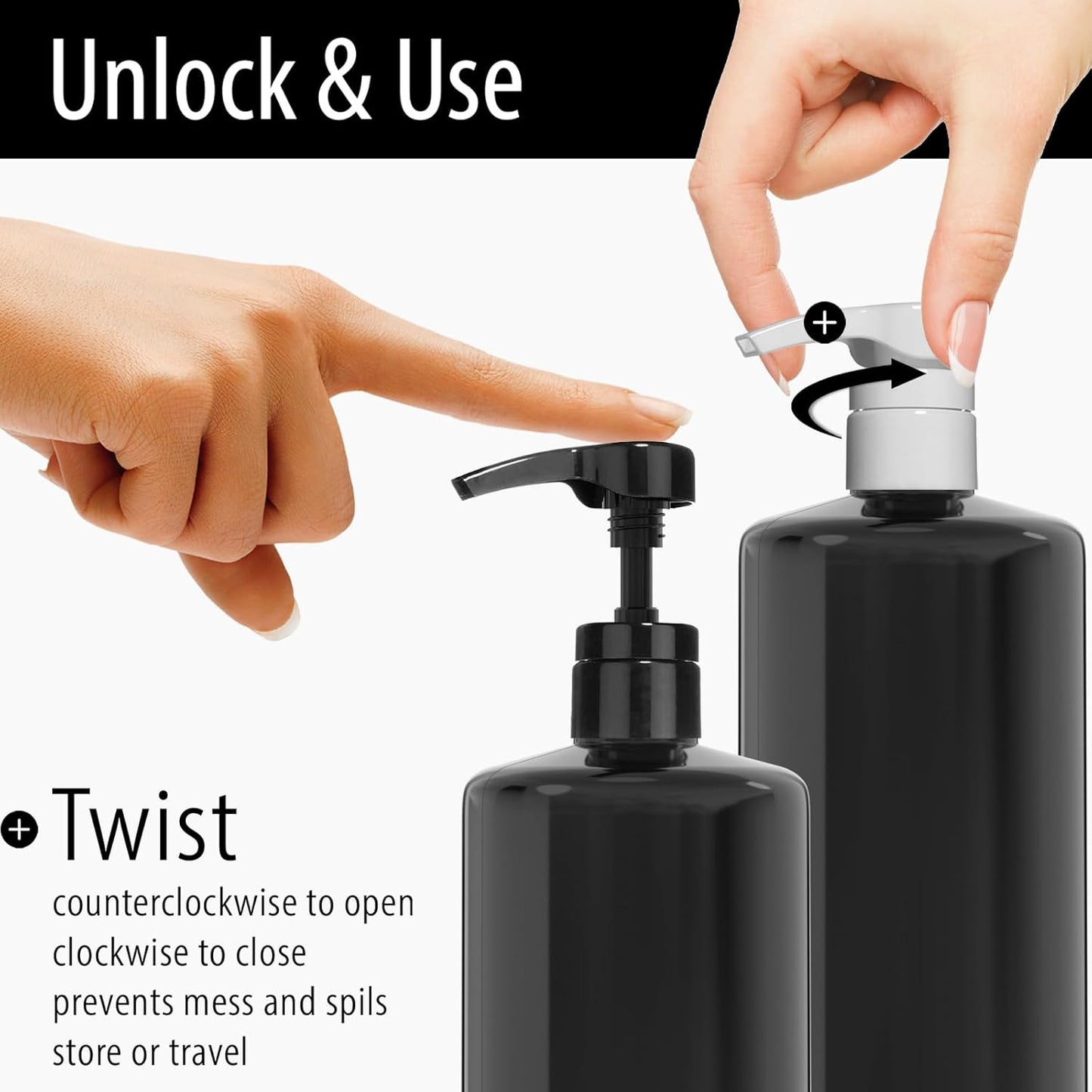 Bar5F Universal Pumps for Shampoo Conditioner Lotion Body Wash, Fits 1" Inch Bottle Necks, 1 Liter 33.8-Ounce Bottles (Black and White)