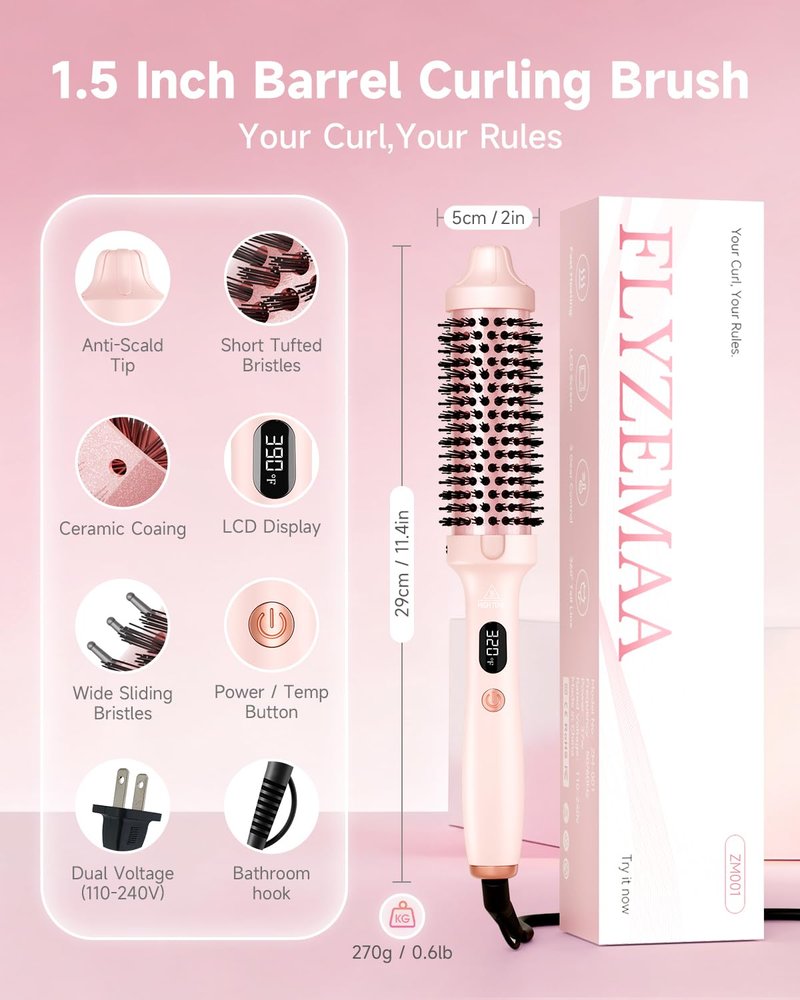 Thermal Brush, FLYZEMAA 1.5 Inch Heated Round Brush for Long Dry Hair, Heated Brushes Straightener with 3 Temp Settings, Blowout Brushes for Curling & Volumizing, Anti-Scald Nylon Bristles(Pink)