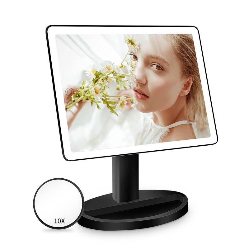 FUNTOUCH Large Lighted Makeup Mirror with Lights, 3 Color Lighting Modes Light Up Mirror with 88 LED, 10X Magnification and 360° Rotation Touch Screen Tabletop Cosmetic Vanity Make Up Mirror (Black)