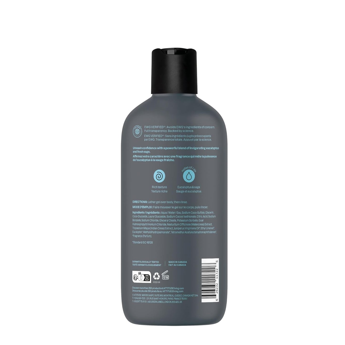 ATTITUDE Men's Shower Gel - Eucalyptus & Sage Body Wash, 98% Natural Ingredients | 14 Fl Oz (Pack of 3)