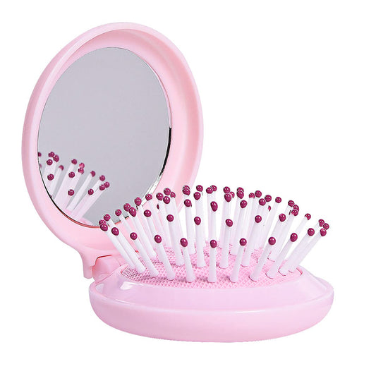 Mini Folding Hair Brush with Mirror, Compact Pop up Pocket Brush, Small Travel Size Flip Hair Brush for PurseBackpack,Pink