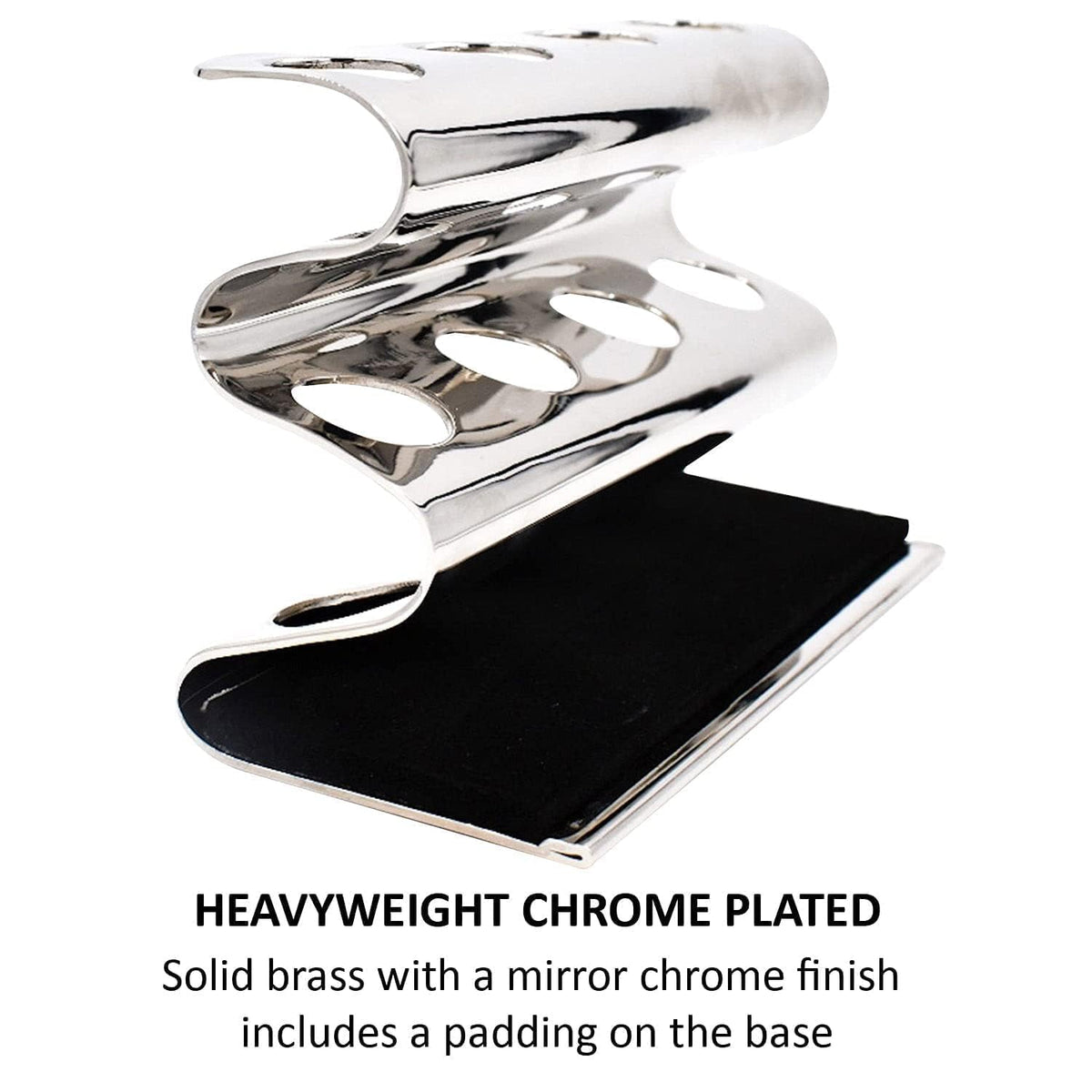 Parker Double Edge Razor Stand - Solid Brass with Mirror Chrome Finish -Holds 4 Razors - Parker Stand with Padded Base - Excellent Storage for Long Handled Double Edge Safety Razors