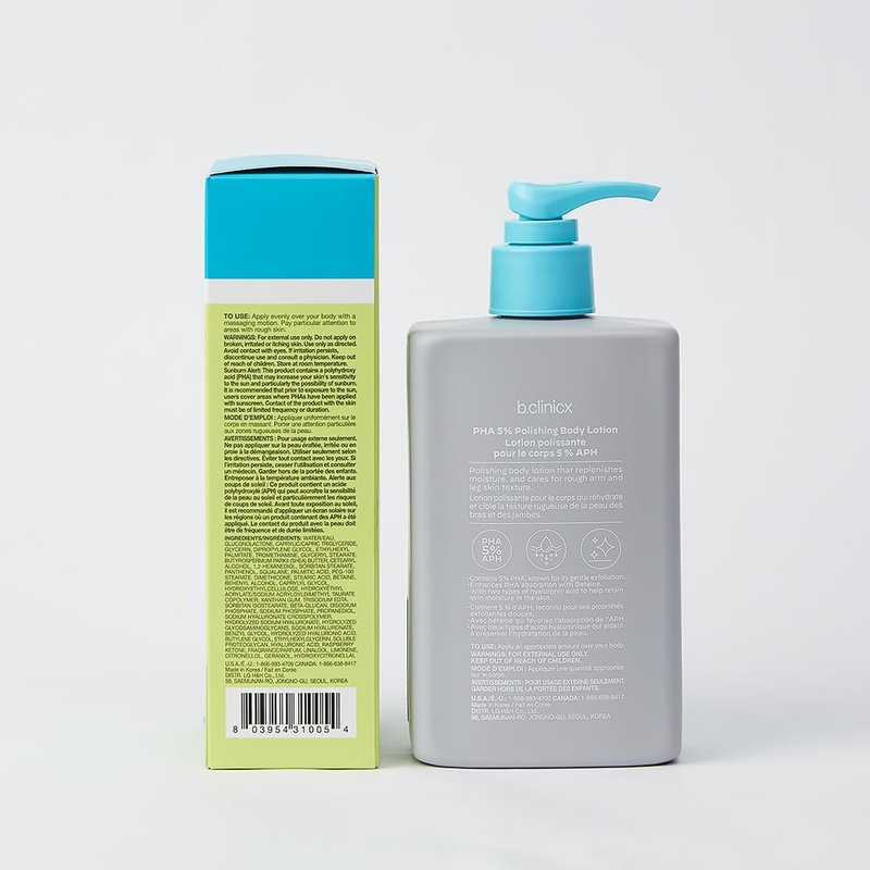 b.clinicx Skin Polishing Body Lotion (10.14 fl oz / 300ml) - Exfoliating Body Lotion With PHA 5%, Resurface Bumpy Skin, Lightweight Moisturizing Body Cream, Korean Skin Care