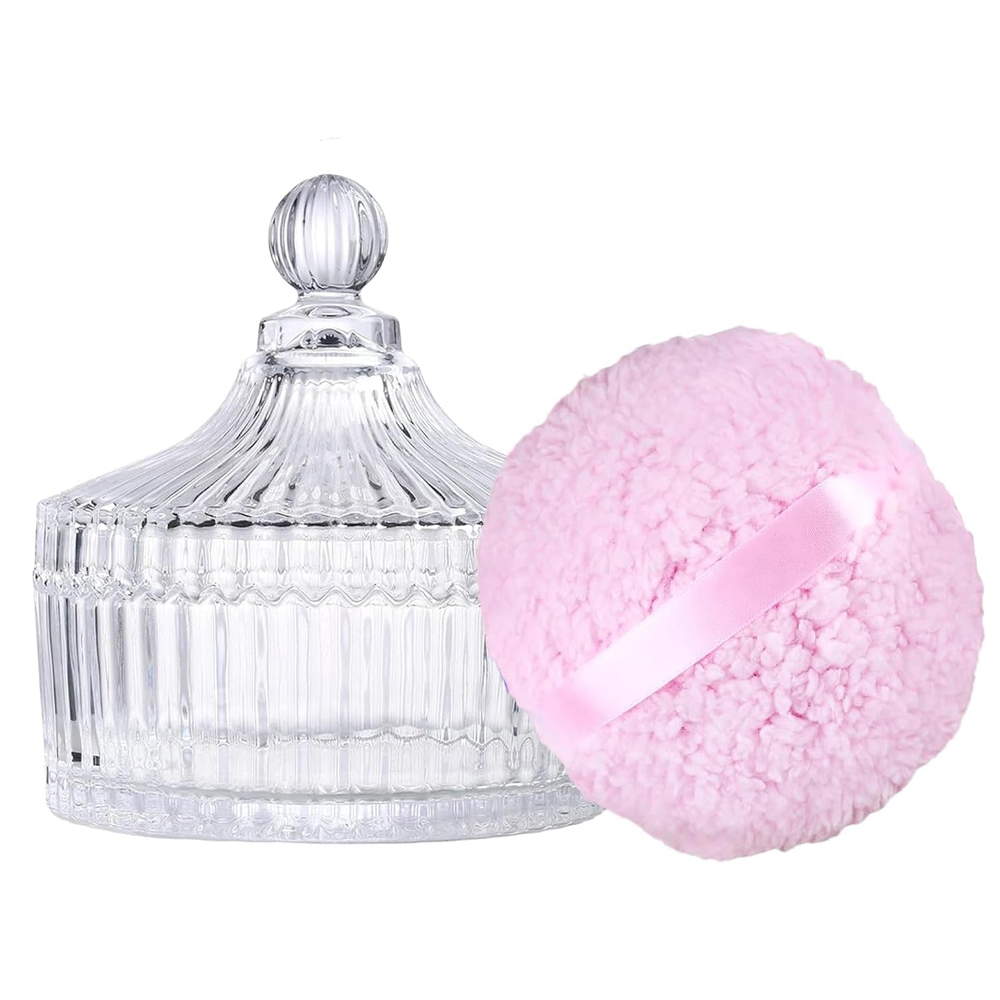 Extra Large Body Powder Puff & Crystal Glass Storage Jar - Dustproof Lid, Soft & Reusable Fluffy Puff for Skin Care