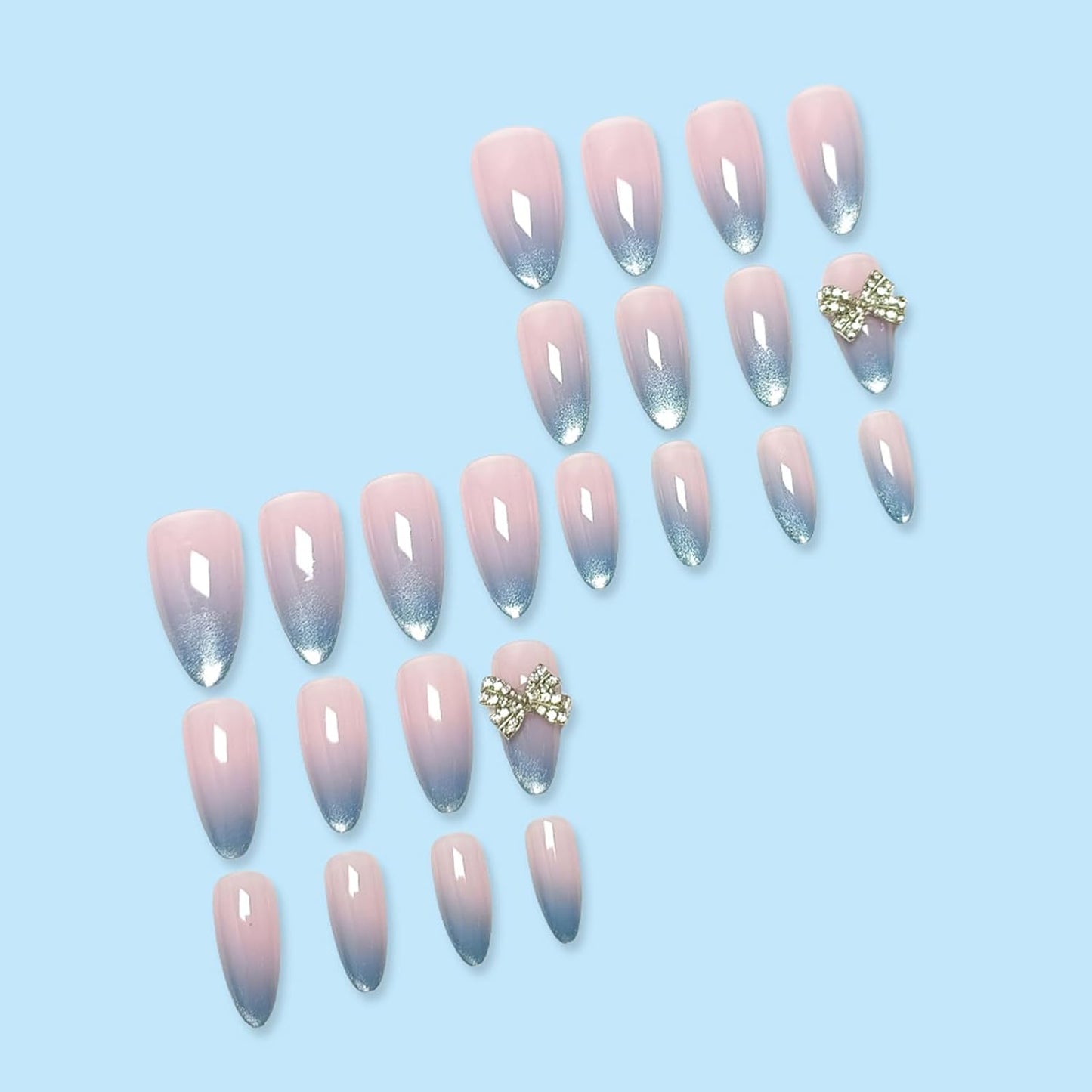 French Tip Almond Press-On Nails with Gold Bow | Reusable Glossy Acrylic False Nails for Women
