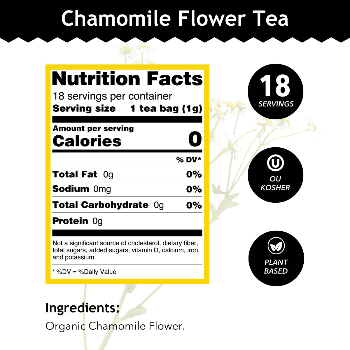 Buddha Teas - Organic Chamomile Flower Tea - Herbal Tea - For Health & Wellbeing - With Antioxidants & Minerals - Clean Ingredients - Caffeine Free - OU Kosher & Non-GMO - 18 Tea Bags (Pack of 1)