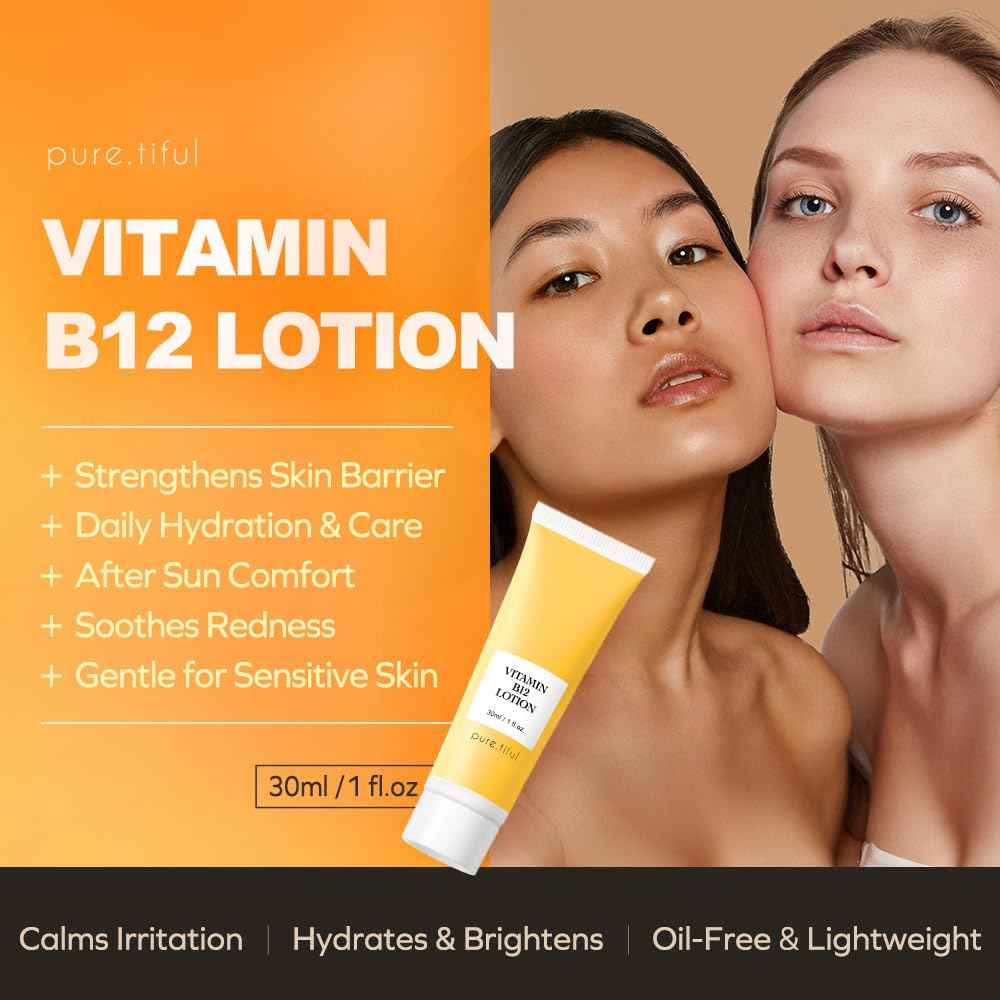 pure.tiful Vitamin B12 Lotion (1 oz) | Repair & Hydrating Cream for All Ages (teen & adult| Soothes Redness, After-Sun Skin Relief, Strengthens Barrier, Sensitive Skin Safe