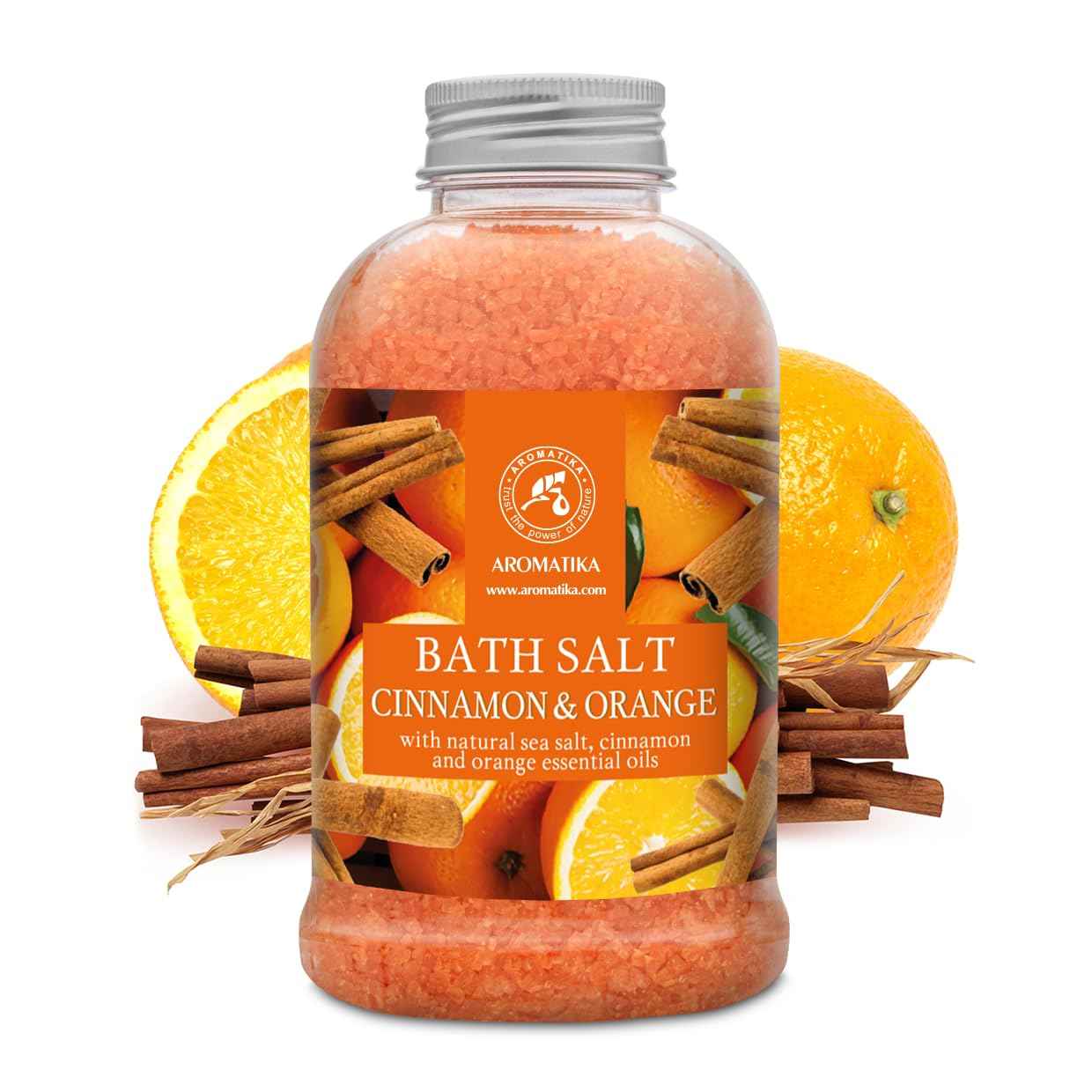 AROMATIKA Cinnamon-Orange Bath Salt 21.16 Oz - Relaxing, Moisturizing, Orange-Cinnamon Scent - Natural, Non Toxic - Bath Minerals and Salts