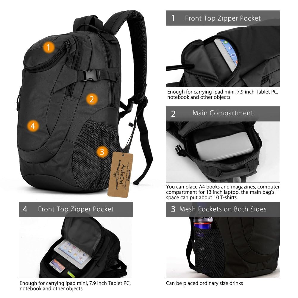 ArcEnCiel Motorcycle Backpack Tactical Bag Army Pack - Rain Cover+Patch Included(Black Camo)