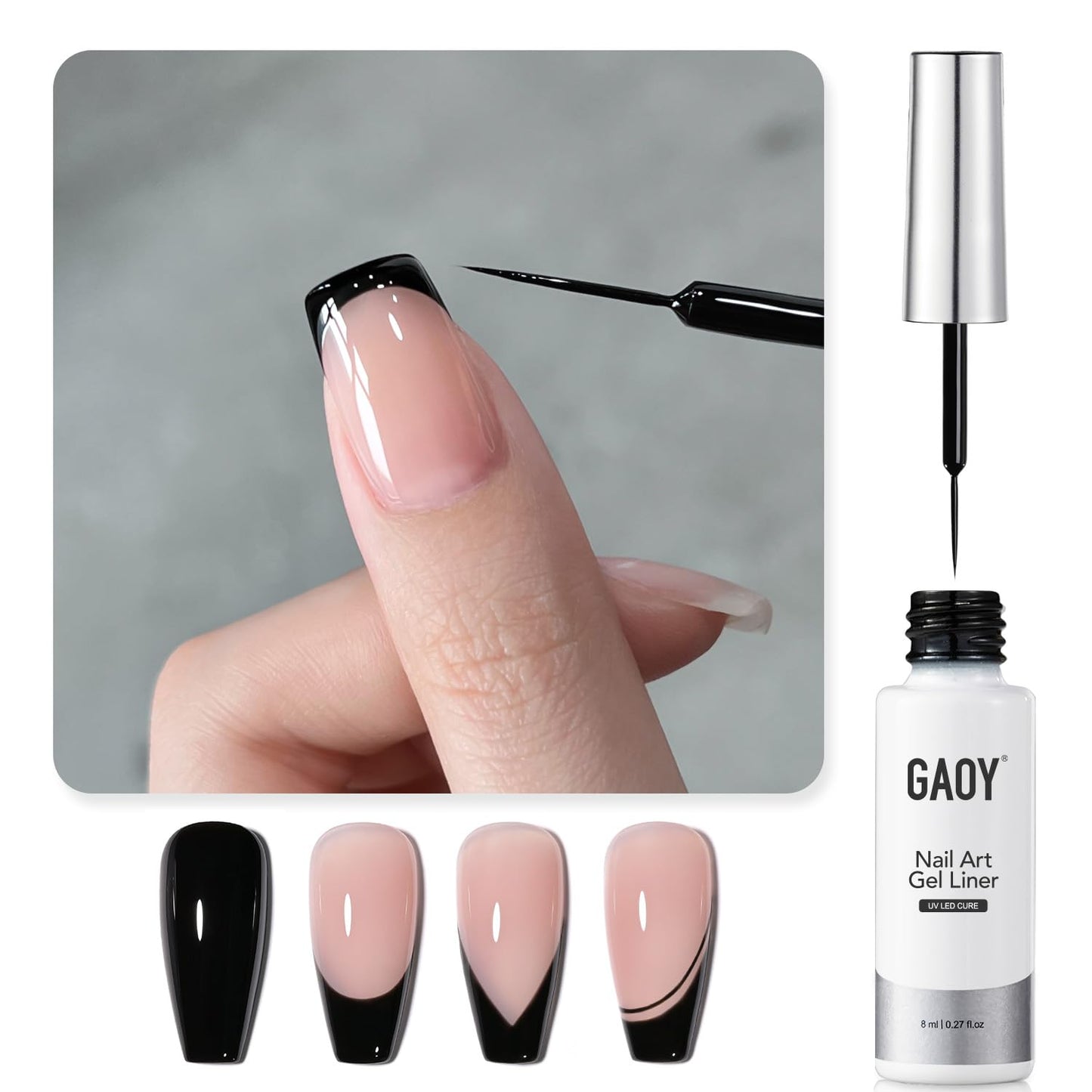 GAOY White Swirl Gel Nail Polish Art Liner, 8ml Classic Color Nail Paint Design with Thin Brush, UV Light Cure for DIY French Manicure at Home