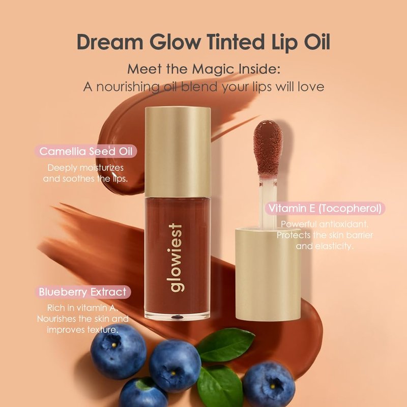 glowiest Dream Glow Tinted Lip Oil ; 3-in-1 Formula: Lip Gloss with a high shine finish, Non-sticky Long Lasting | Korean Plumped Tinted Lip Oil - 0.19 fl. oz. 5.7 ml (004 ROSEWOOD, Original)