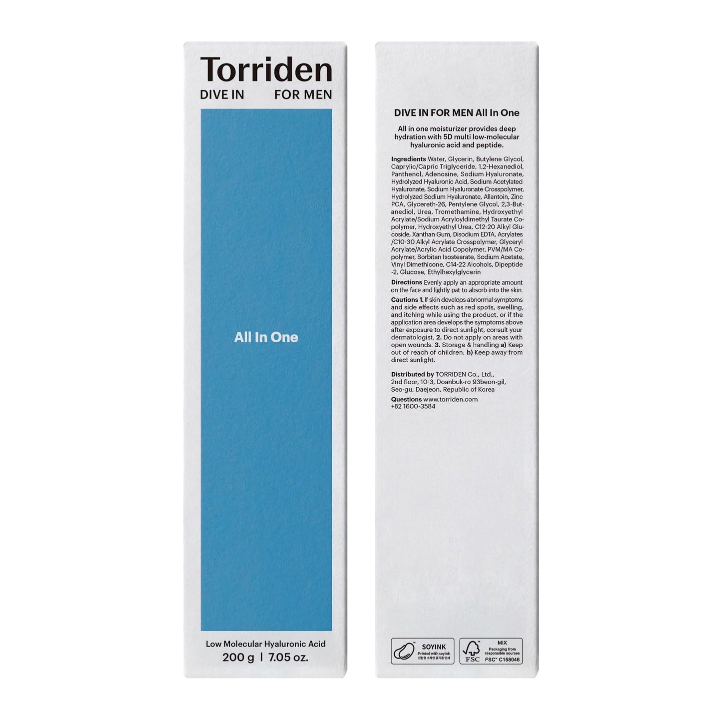 Torriden DIVE IN FOR MEN All In One 200ml (7.05 fl. oz) | All-In-One for Inner Moisturizing and Sebum Care | Hyaluronic Acid, Panthenol, Allantoin