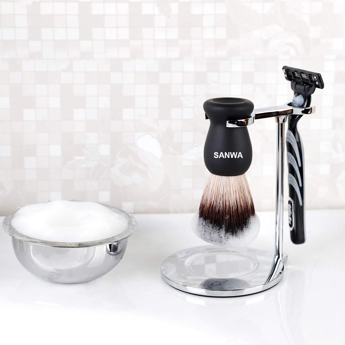 SANWA Deluxe Heavyweight Shaving Brush Razor Stand with Unbreakable Stainless Steel Shaving Bowl Set,Compatible with Gillette Fusion and Double Edge Safety Razor,Cartridge Razor