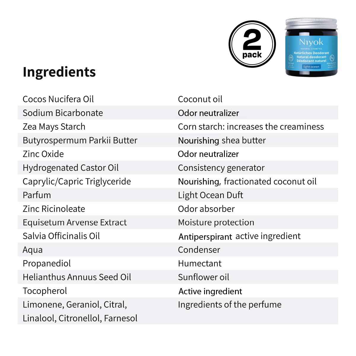 Niyok Natural Cosmetics, 2-in-1 Aluminum Free Natural Deodorant and Antiperspirant, Light Ocean, 40 ml, 2-Pack