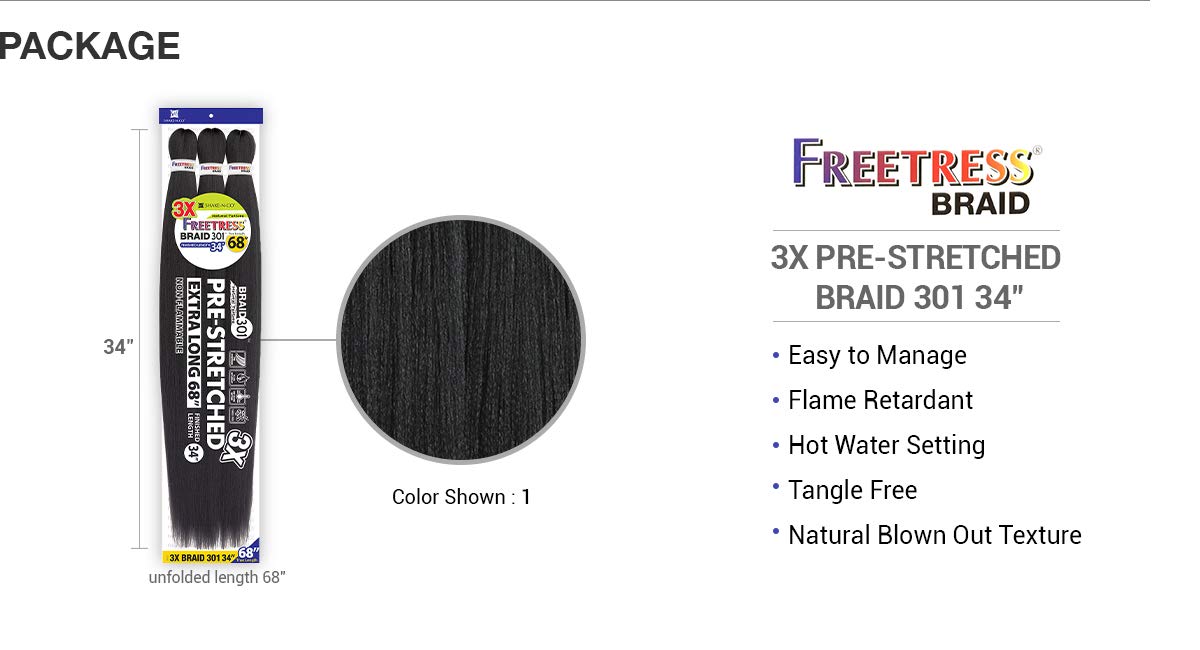 Freetress Braids Natural Texture Braids 3X Pre-Stretched Braid 301 34 inches (3-pack, 1B)