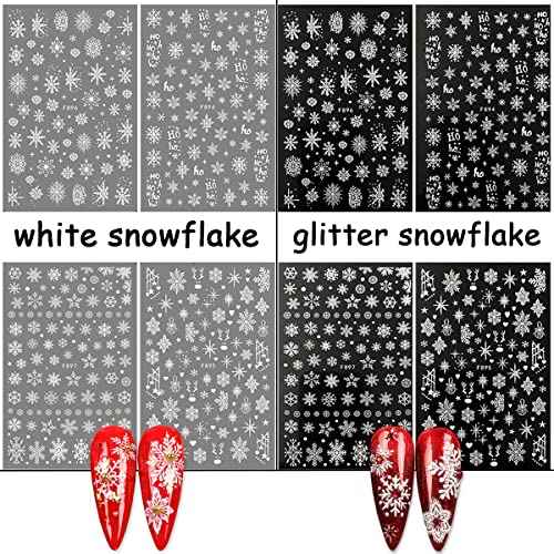 8 Sheets 3D Snowflake Nail Art Stickers Christmas Nail Decals Self-Adhesive White Glitter Snowflake Nail Stickers Reindeer Snowflakes Nail Design Winter Xmas Nail Decoration for Women Girls