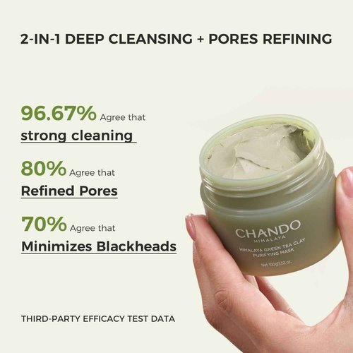 CHANDO HIMALAYA Purifying Green Tea Mask, Natural Facial Clay Mask Deep Pore Cleansing with Green Tea Extract and Portulaca Extract, for Clogged Pores, Detoxifies & Balance Oil, 3.52 fl.oz