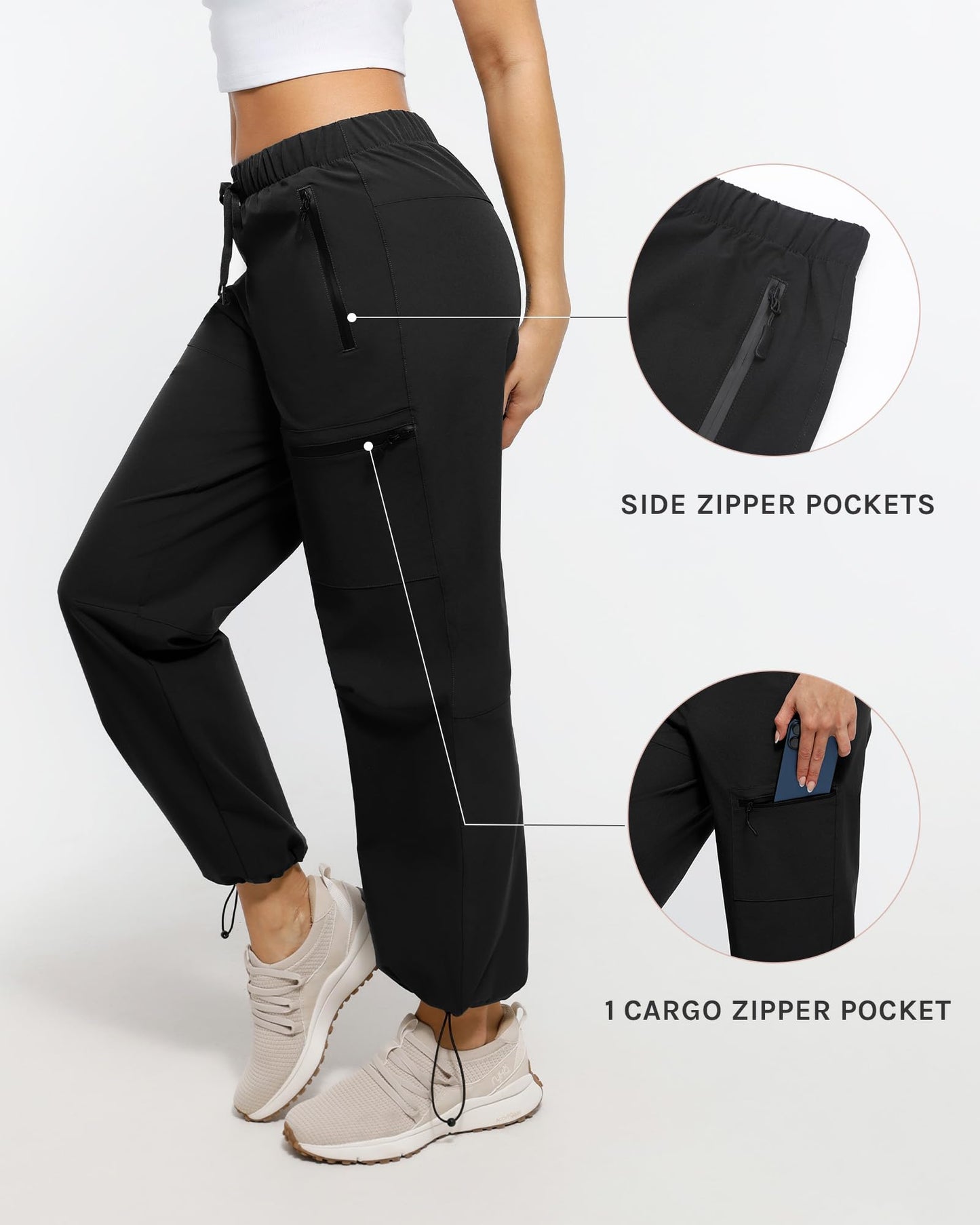 Cosmolle Women's Hiking Work Pants Durable Water-Repellent Design Multiple Zipper Pockets Adjustable Cuffs Perfect for Hiking Travel and All Outdoor Activities (Black XX-Large)