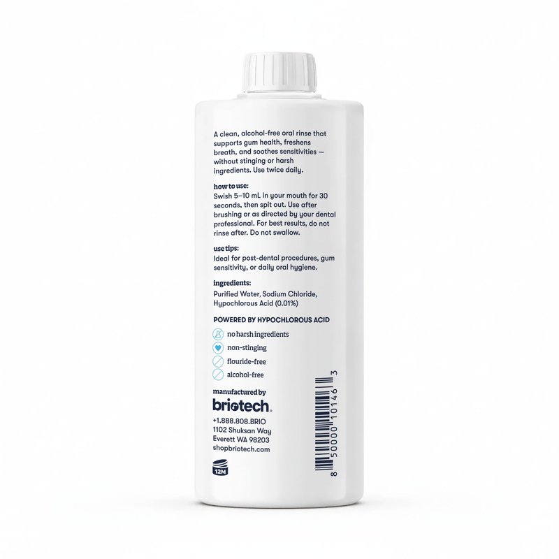 BRIOTECH Oral Swish, Hypochlorous Acid Mouthwash Rinse, Gentle Oral Care Hygiene, Fight Bad Breath, Support Against Plaque, Gum Irritation & Tender Gums, Alcohol & Fluoride Free, 32 fl oz