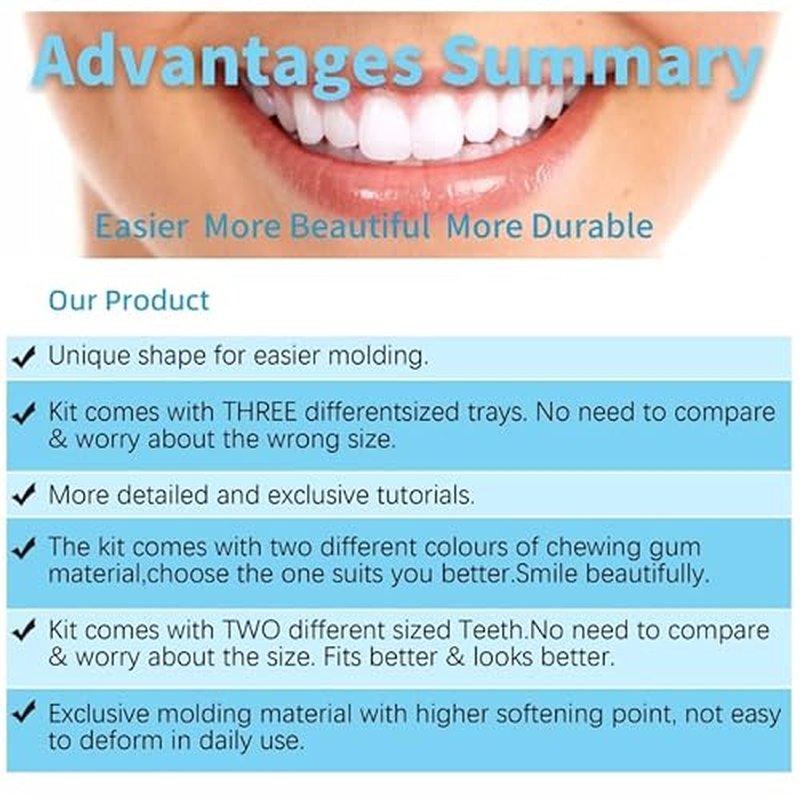 DIY Denture Kit,2 Sets (28 pcs Each) of Different Sizes of False Teeth,Multi-Color repeatable moldable Material,Complete Fake Teeth Repair Kit,Partial dentures,Upper/Lower Dentures,Denture Repair kit