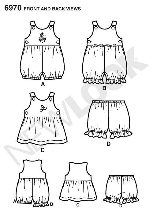 New Look Sewing Pattern 6970 Babies' Romper, Dress and Panties, Size A (NB-S-M-L)