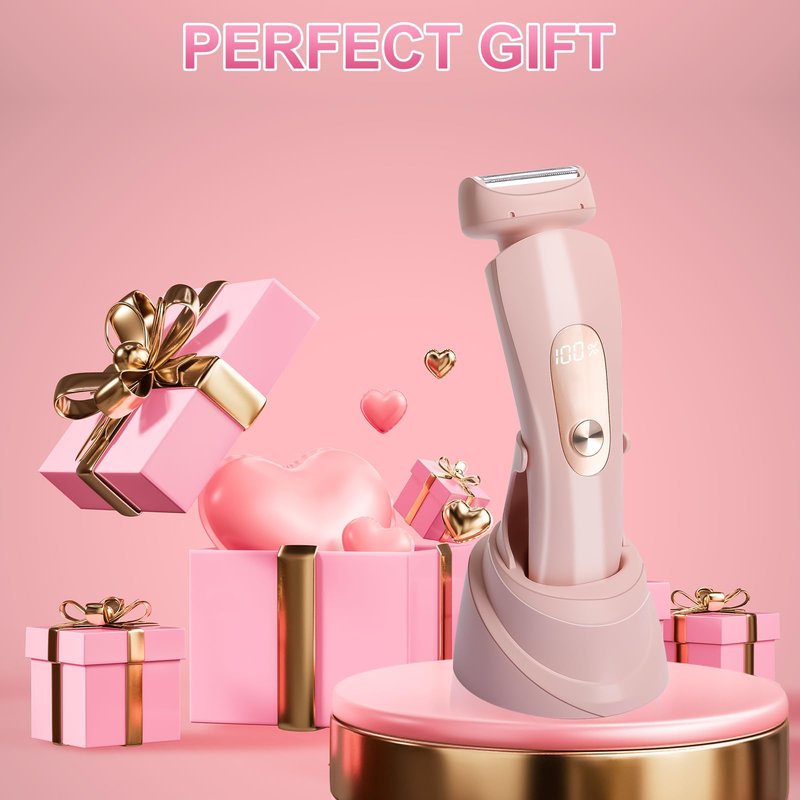 Luxsego 2 in 1 Electric Bikini Trimmer for Women, IPX7 Waterproof Wet & Dry Use Electric Razors for Women Pubic Hair, Painless Bikini Shaver with LED Light & Display, Dual USB Charge Dock, Pink