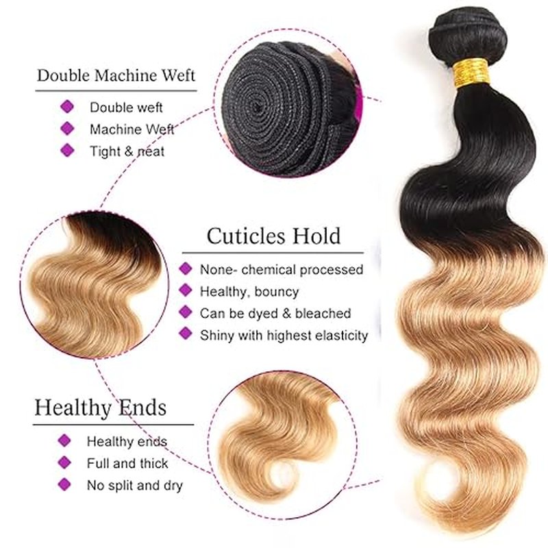Ombre Bundles 1B27 Honey Blonde Bundles Body Wave Human Hair Grade 8A Black And Honey Blonde Human Hair Wet and Wavy Hair (26 28 30) inch