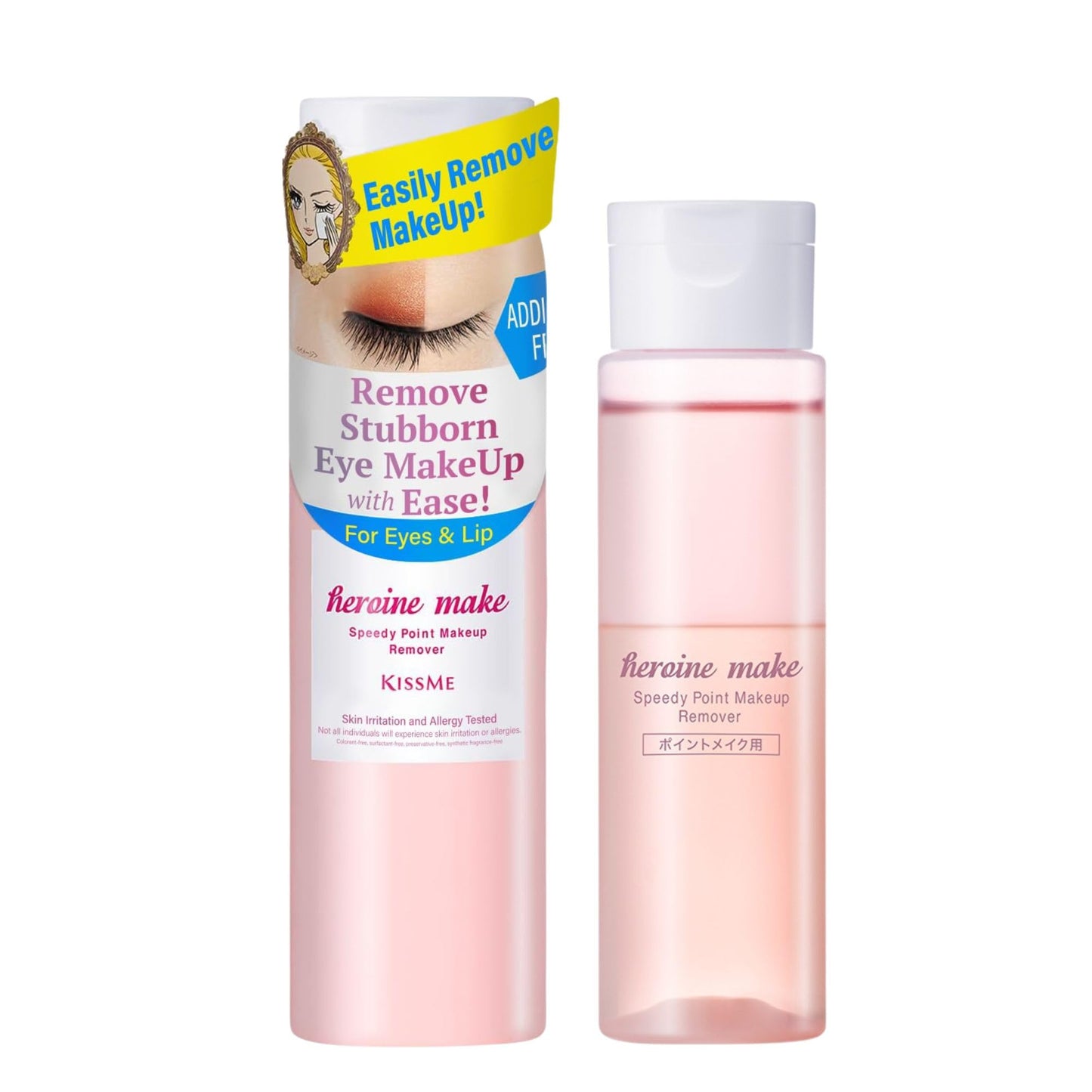 Heroine Make by KISSME Makeup Remover Liquid with Collagen & Ginseng, Eye Makeup Remover for Sensitive Eyes & Lips, Mascara Remover for Eyeliner, Eye Shadow & Lipstick, from Japan, 4.2 Fl Oz