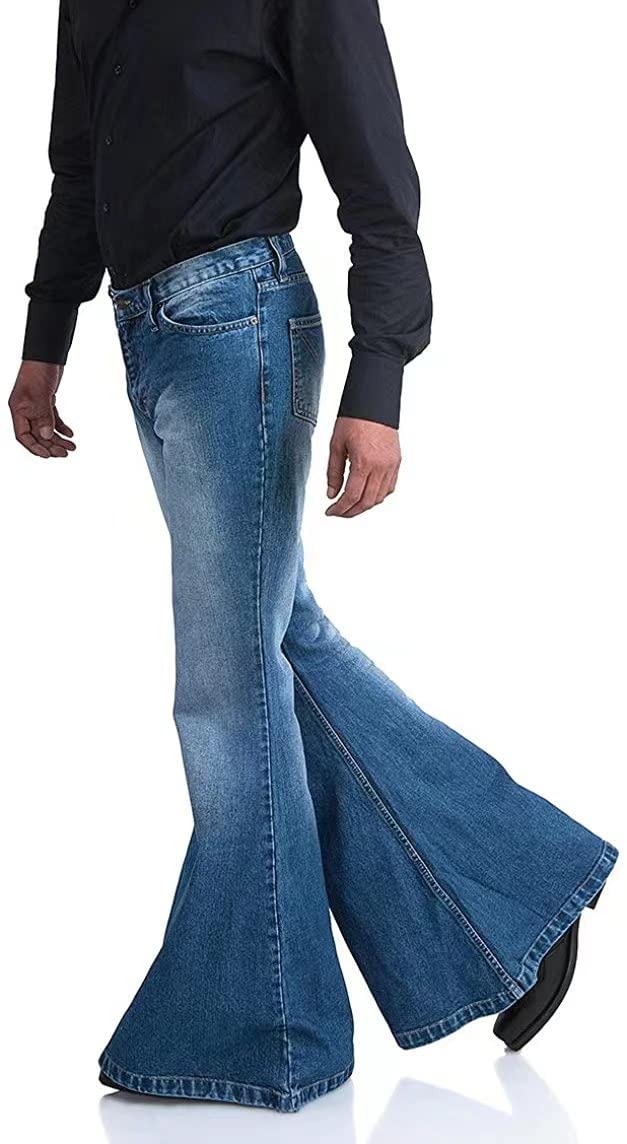 Men's Relaxed Vintage 60s 70s Bell Bottom Stretch Fit Classic Comfort Flared Flares Retro Leg Disco Denim Jeans Pants (Bu, X-Large)