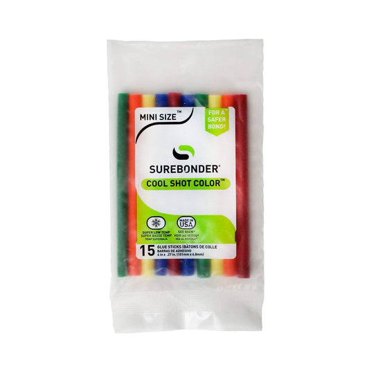 Surebonder Cool Shot Color Mini Hot Glue Sticks for Ultra Low-Temperature Glue Guns, Mini Size 4" - 15 Pack, 3 Count of Each Color - Red, Orange, Yellow, Green, Blue