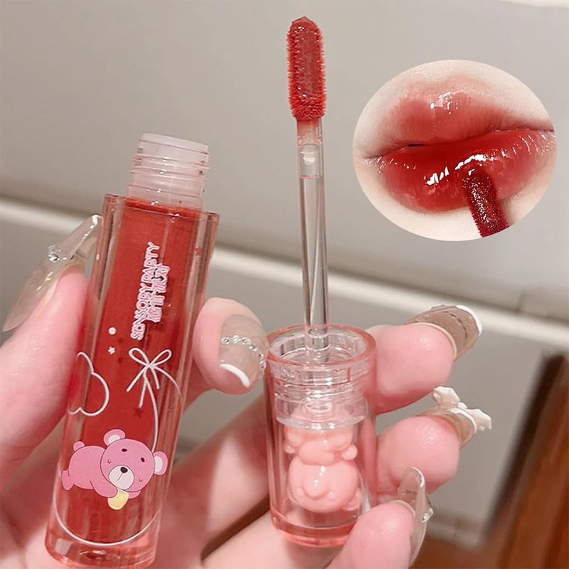 Baorder 4Pcs Bear Lip Glaze Hydrating Jelly Lip Gloss,Jelly Liquid Lipstick Cute Bear Lipgloss Moisturizing Lip Stain Plumping Water Lip Gloss Waterproof Long Lasting Cheek Rouge Tint Makeup (4, A)
