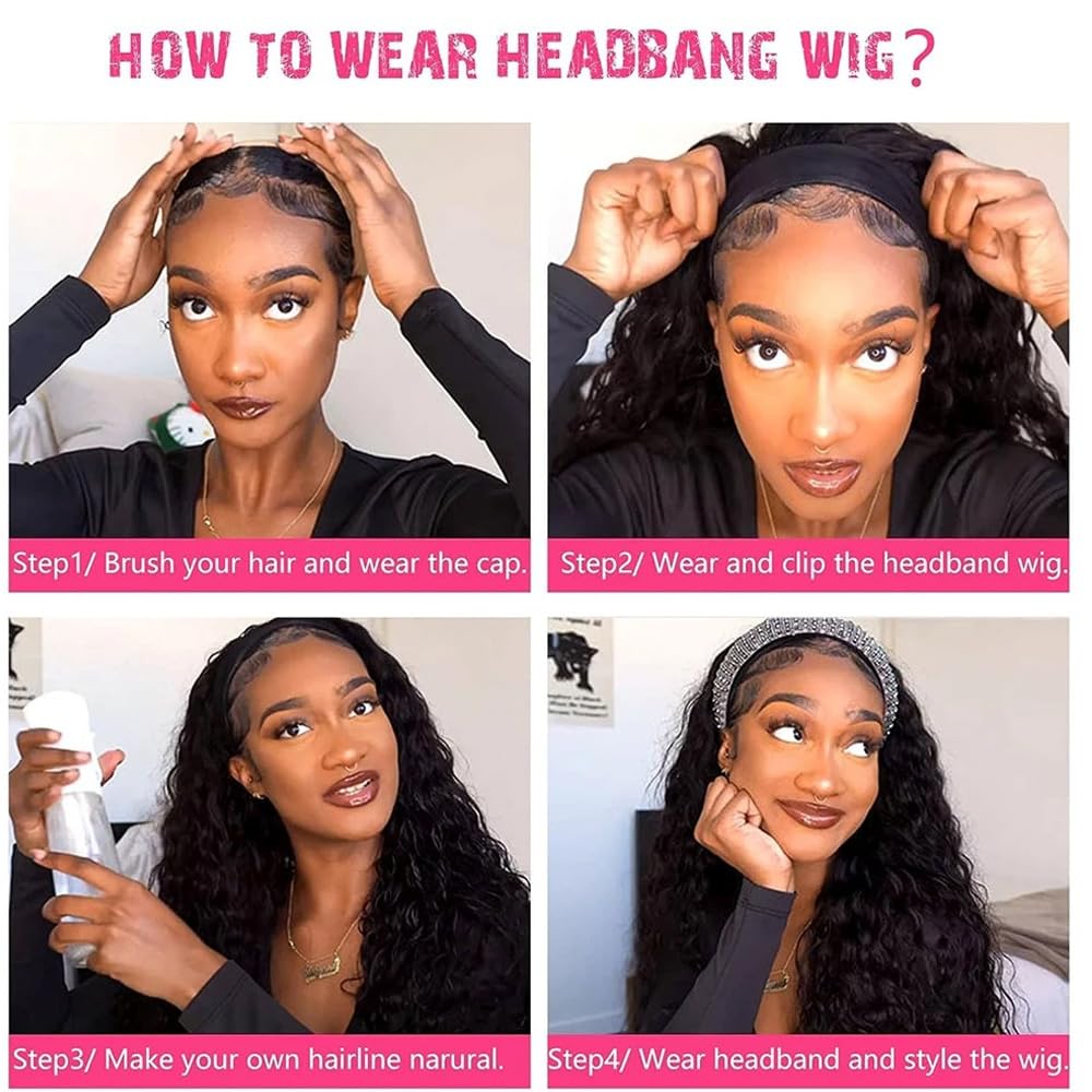 Emistar Curly Headband Wigs for Black Women Wet and Wavy Afro Headband Wig Water Wave Blend Human Hair & Synthetic Hair Ready to Go Glueless Half Wigs 180% Density (Natural Color-#4B, 16 Inch)