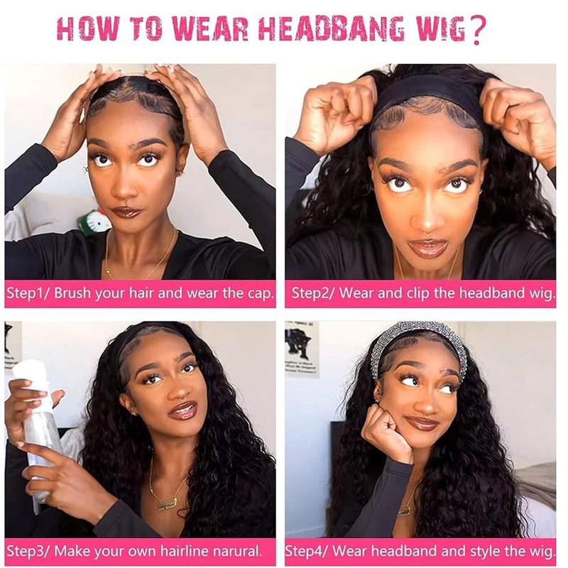 Emistar Curly Headband Wigs for Black Women Wet and Wavy Afro Headband Wig Water Wave Blend Human Hair & Synthetic Hair Ready to Go Glueless Half Wigs 180% Density (Natural Color-#4B, 16 Inch)