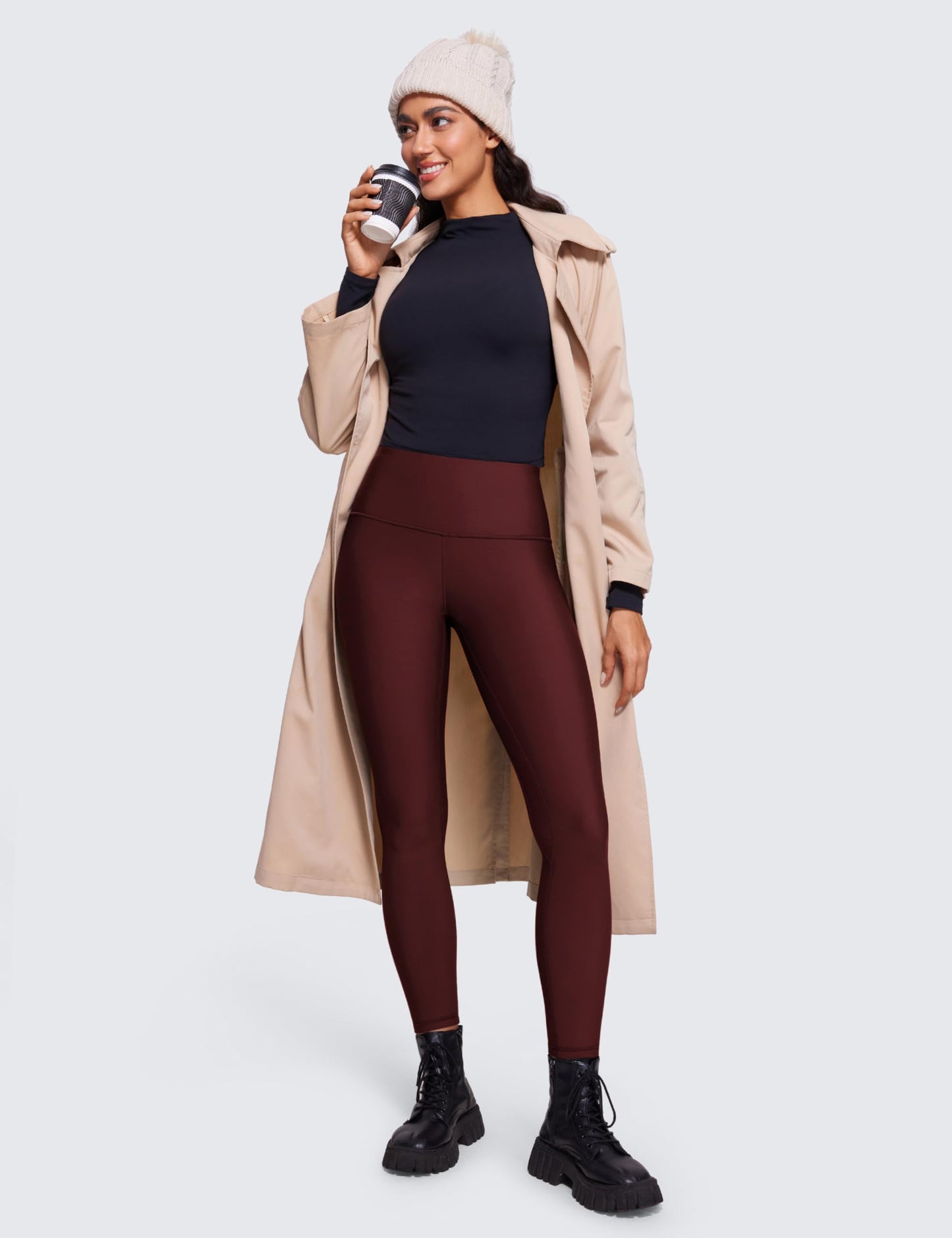 CRZ YOGA Womens High Waisted Fleece Lined Leggings 25 inches - Winter Warm Thick Thermal Soft Workout Yoga Pants Red Merlot Medium