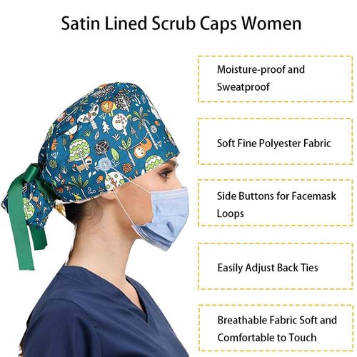 6 Pcs Satin Lined Scrub Caps Women, Surgical Caps for Women, Bouffant Cap with Button and Sweatband, Adjustable Working Hat with Ponytail, Elastic Bandage Tie Back Hats, Nurse Cap for Women Men