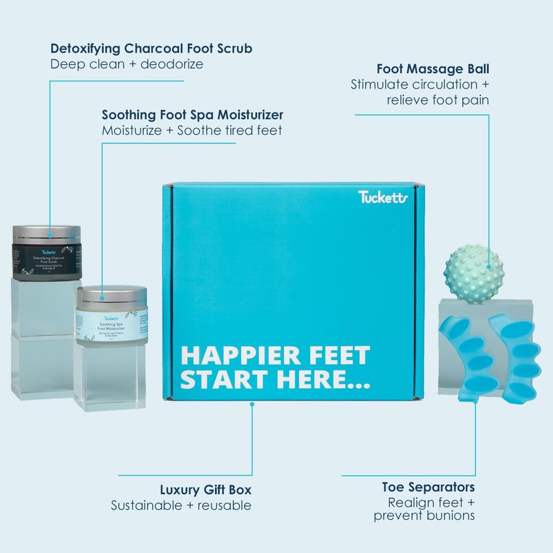 Tucketts Foot Spa Kit for Women - More than a Pedicure Kit with Foot Massage Ball, Toe Separators for Bunions, Charcoal Foot Scrub, Shea Butter Moisturizer for Dry Feet, Self Care Gifts for Women