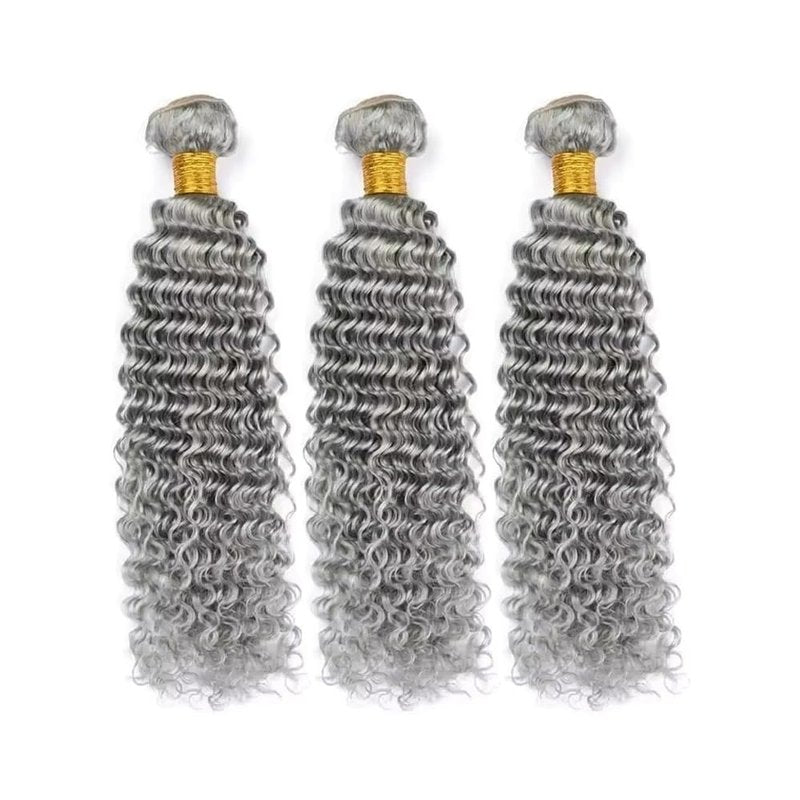 Grey Bundles Human Hair Deep Wave Bundles 24 26 28 Inch Gray Deep Wave Bundles Human Hair Extensions Double Weft Unprocessed Brazilian Virgin Hair 3 Bundles 50 Grams Per Bundle