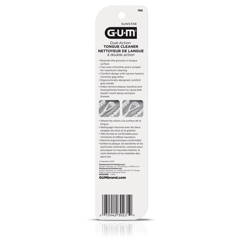 GUM Tongue Cleaner, Dual-Action Soft-Bristled Tongue Brush with Tongue Scraper for Better Oral Hygiene & Bad Breath Control, Pack of 3
